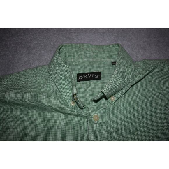 Orvis Country Dress Shirt Mens Size Large Classic LINEN Hawaiian Green Plaids - Picture 7 of 7